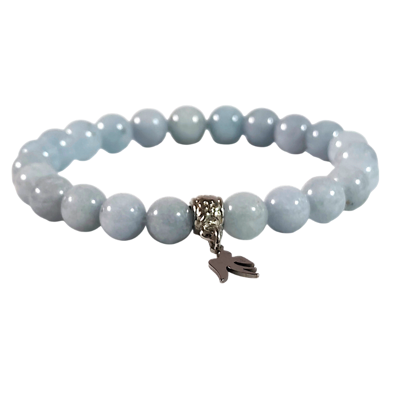 Bracelet calcédoine - "PAIX et COMMUNICATION" - Bélière Rhodié, Charms Colombe Acier Inoxydable 316L et Pierre Naturelle Calcédoine Grade AA