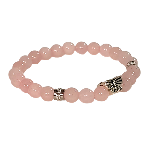 Bracelet Quartz Rose Papillon - "TRANSFORMATION DOUCE" - Acier Inoxydable 316L, Zirconium, Quartz Rose Grade AA