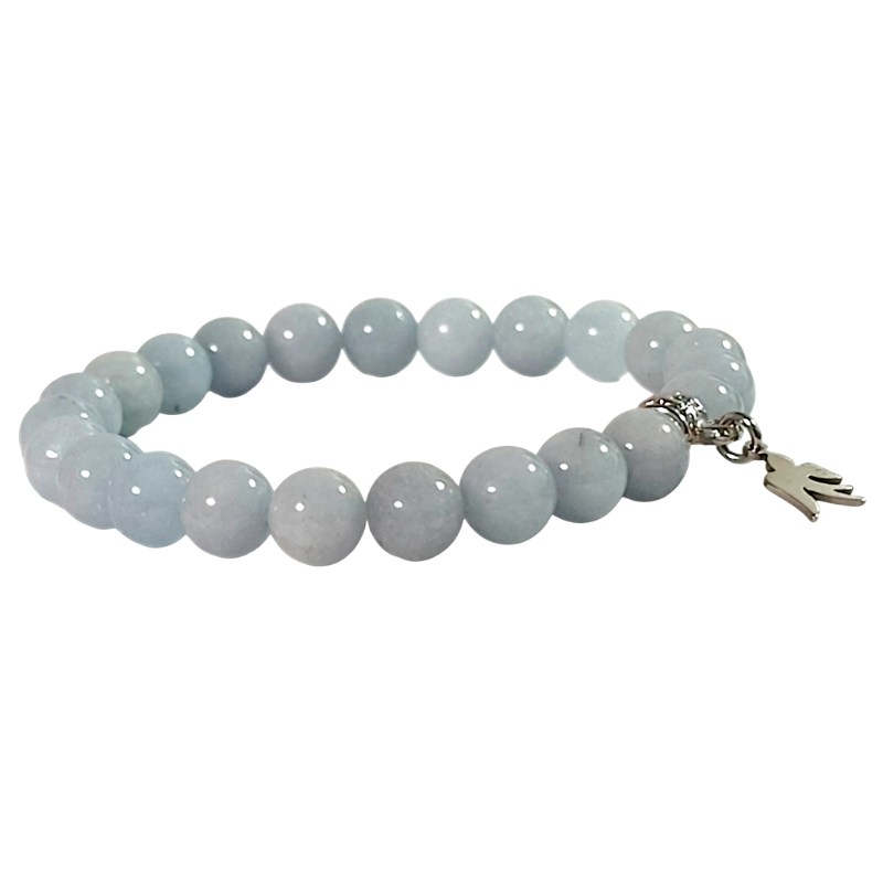 Bracelet calcédoine - "PAIX et COMMUNICATION" - Bélière Rhodié, Charms Colombe Acier Inoxydable 316L et Pierre Naturelle Calcédoine Grade AA