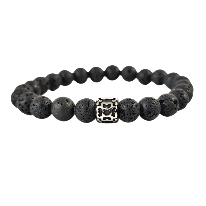 Bracelet Fleur Noire - "je me relève dans les moment sombre" - Pierre naturelle Pierre de Lave - acier inoxydable 316L