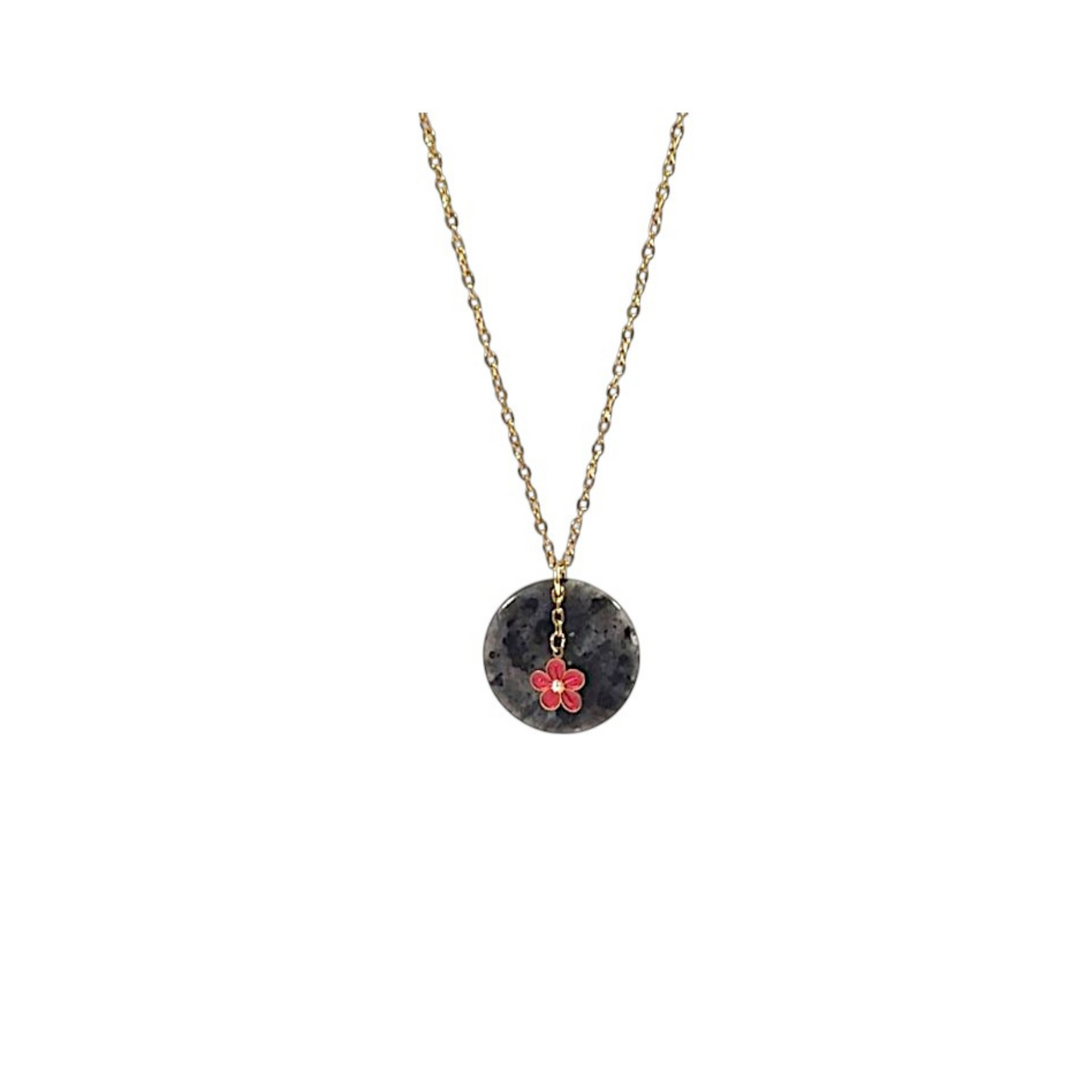 🕊️ Collier “TOLÉANCE”- Force et Équilibre –Acier Inoxydable 316L, pierre naturelle larvikite, grade A, et pendentif fleur rouge 316L, collier femme