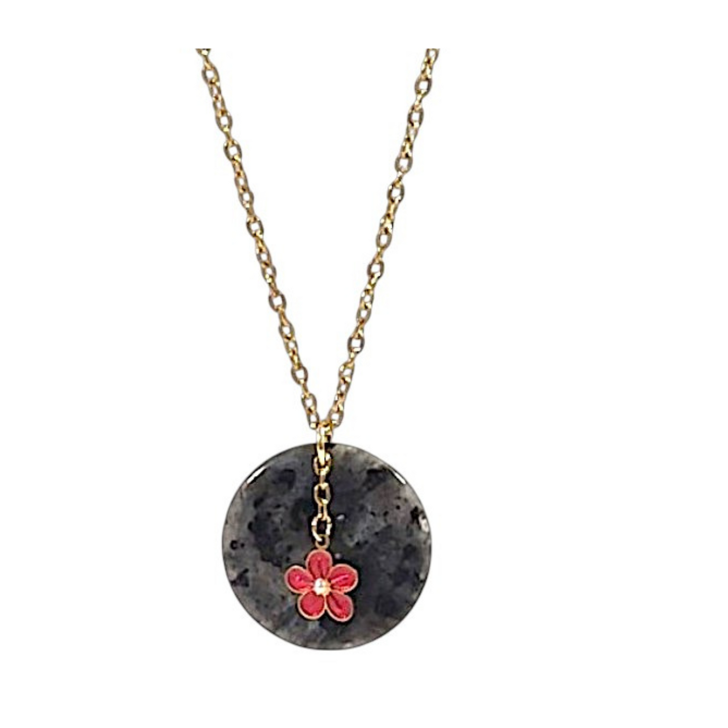 🕊️ Collier “TOLÉANCE”- Force et Équilibre –Acier Inoxydable 316L, pierre naturelle larvikite, grade A, et pendentif fleur rouge 316L, collier femme