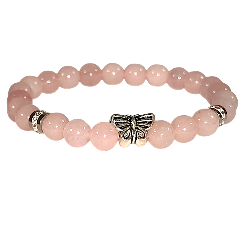 Bracelet Quartz Rose Papillon - "TRANSFORMATION DOUCE" - Acier Inoxydable 316L, Zirconium, Quartz Rose Grade AA