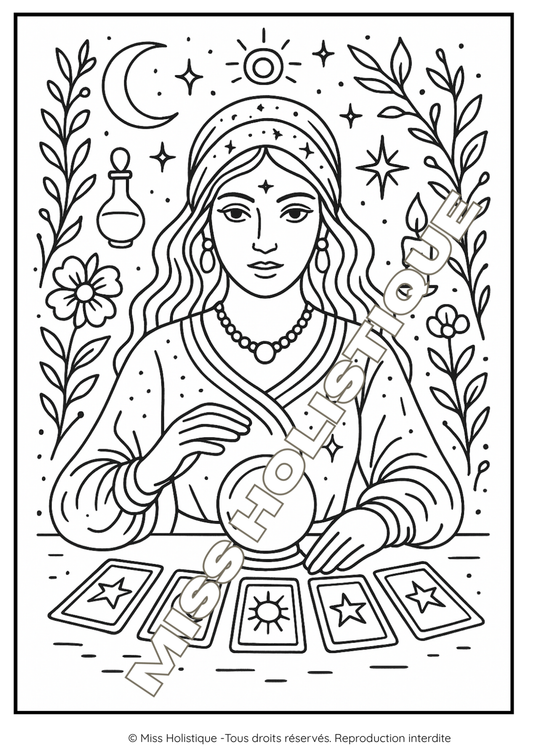 Coloriage Voyante avec Cartes - PDF à Imprimer
